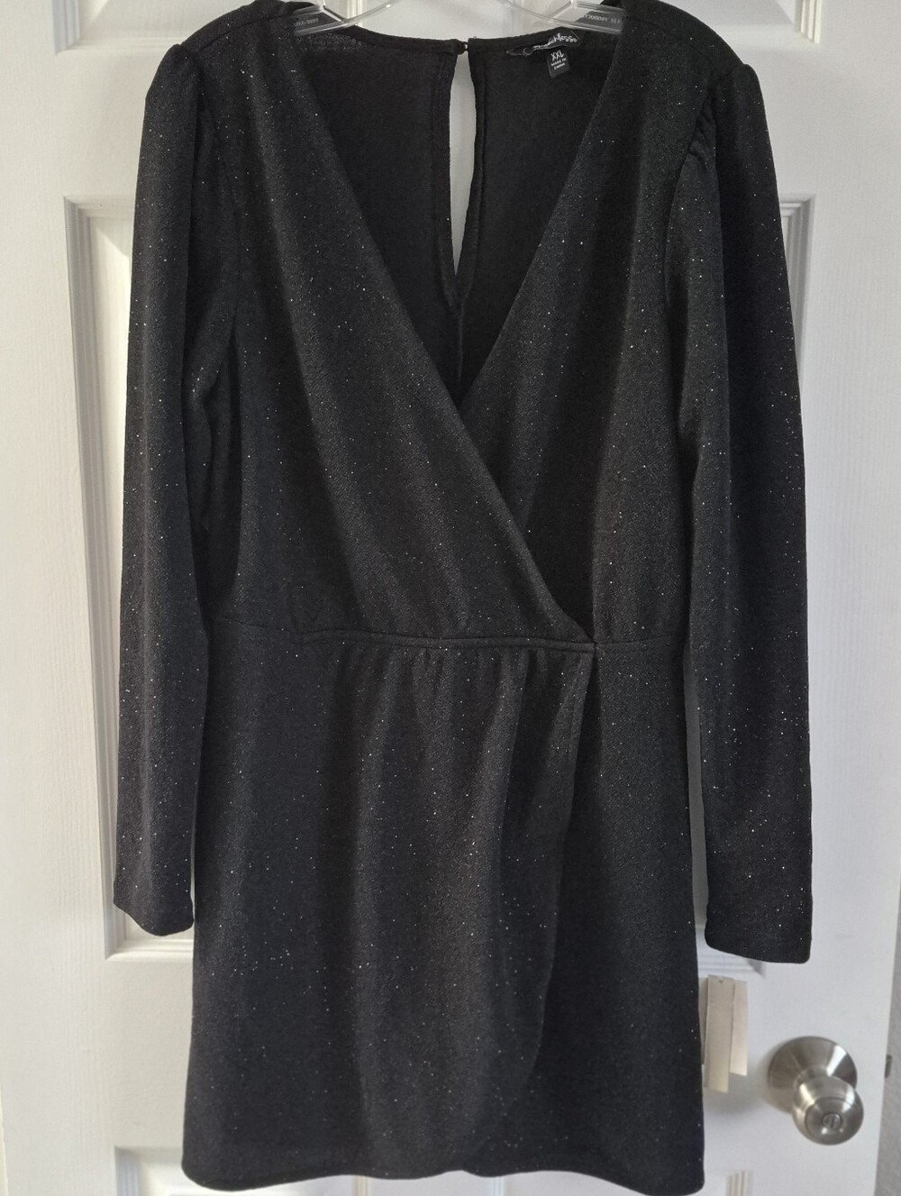 Long Sleeve Black Glitter Wrap Dress